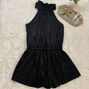 Cherish Balboa Black Sateen Halter Romper Drawstring Waist NWT Size Medium